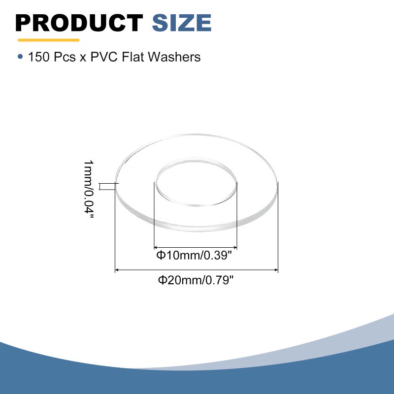 يو إكس سيل uxcell 150 قطعة M10 PVC غسالات مسطحة واضحة عادي غسالة 10 مم معرف 20 مم OD 1 مم فواصل مسطحة مستديرة سميكة للبراغي والمسامير الزجاجية مقبض باب الحمام الحمام - Image 2